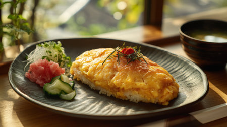 A vibrant scene of omurice served on a traditional Japanese-style plate, with a side of pickled vegetables and a cup of miso soup for a complete meal.の素材