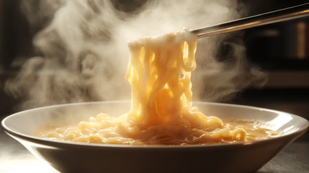 A captivating shot of rice noodles being gently tossed in a bowl of spicy curry sauce, with steam rising, illustrating the warmth and comfort of this traditional dish.の素材