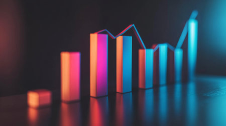 A close-up of a D bar chart showing business growth and financial trends, with a dark gradient background and reflective surfaces for a sleek look.の素材