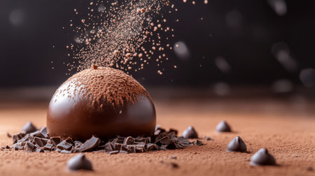 An artistic close-up of cocoa powder being dusted over a chocolate dessert, with fine details highlighting the elegance of gourmet chocolate presentations.の素材