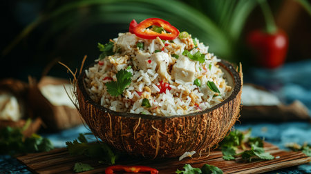 An artistic shot of fried rice being served in a coconut shell, topped with sliced chili and fresh cilantro, capturing the tropical essence of this dish.の素材