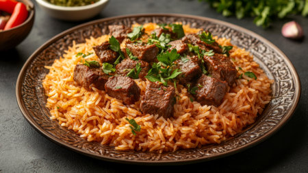A beautiful image of beef rice garnished with fresh herbs and served on a decorative plate, emphasizing the dishs inviting appearance and gourmet appeal.の素材