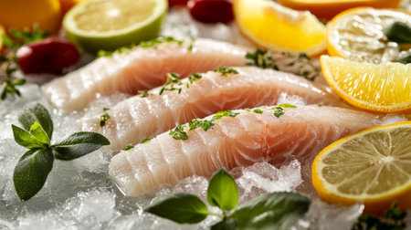 An artistic close-up of fresh fish fillets displayed on ice, with colorful citrus slices and herbs around them, evoking a sense of freshness and quality.の素材
