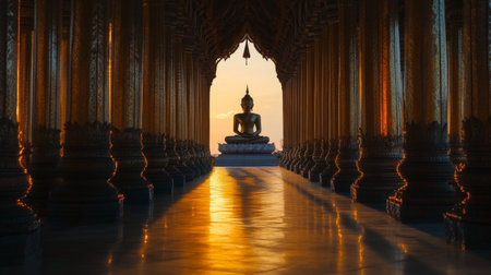 An artistic composition of a Buddha statue silhouette framed by ornate columns, with soft light filtering through, capturing the essence of spiritual beauty.の素材