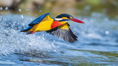 A colorful kingfisher darting through the air above a river, captured in mid-flight, with its vibrant plumage contrasting against the blue water.の素材