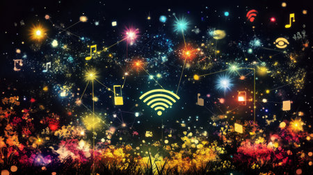 An artistic representation of data flowing through the air as Wi-Fi signals, illustrated with bright lines and symbols connecting various devices.の素材