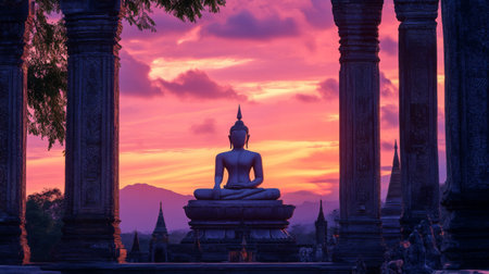 A captivating image of a Buddha statue silhouette framed by ornate temple architecture, with intricate details highlighted in the soft glow of twilight.の素材