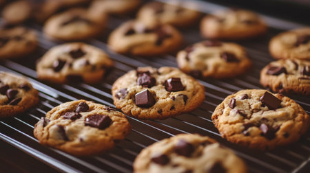 An inviting image of chocolate chip cookies cooling on a wire rack, with chocolate chunks melting slightly, creating a warm and homely atmosphere.の素材