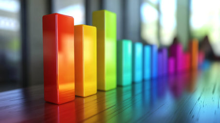 A D bar chart in vibrant colors representing financial growth, with glowing data points and a futuristic digital background in a business setting.の素材