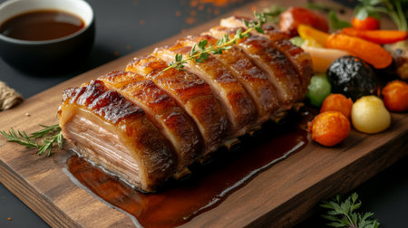 A beautifully roasted pork belly with crackling skin, served on a wooden platter with a rich sauce and seasonal vegetables for an elegant meal.の素材