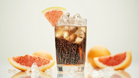 A bubbly soda with ice in a modern glass, surrounded by fresh fruit, showcasing a refreshing drink ready for summer enjoyment.の素材
