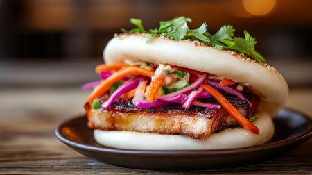A beautifully presented pork belly bao bun, topped with pickled vegetables and cilantro, set on a wooden table with soft natural lighting.の素材