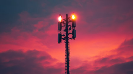 A captivating image of a cell phone tower at dusk, illuminated by soft lights, creating a beautiful contrast against the darkening sky.の素材