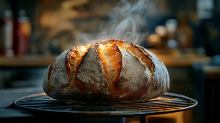 A beautifully shaped sourdough loaf with a crispy crust, resting on a wire rack, with steam rising to create an inviting and fresh atmosphere.の素材