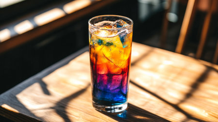 A close-up of a tall glass of colorful soda with vibrant bubbles, placed on a wooden table, with sunlight streaming through a nearby window.の素材