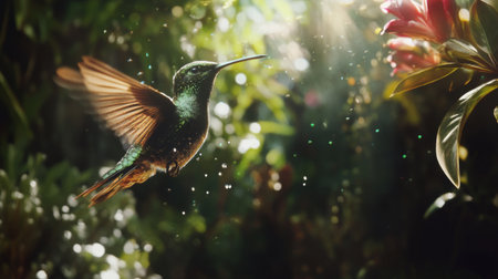 A close-up of a hummingbird hovering in mid-air, with iridescent feathers glistening, capturing the incredible detail of its wings in motion.の素材