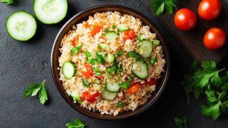 A beautiful overhead view of a bowl of fried rice with various toppings, including sliced cucumber and tomatoes, creating a colorful and inviting composition.の素材