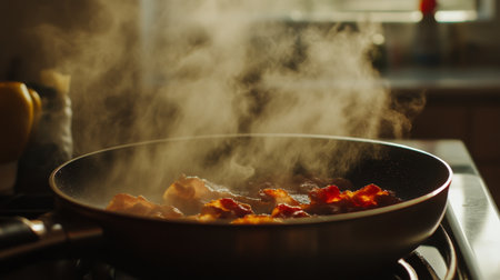 A close-up shot of bacon sizzling in a frying pan, with steam rising and a soft focus on the background, evoking a sense of comfort and warmth.の素材