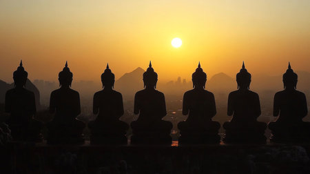 A captivating view of multiple Buddha statue silhouettes during dawn, with the first light of day casting long shadows, symbolizing hope and new beginnings.の素材