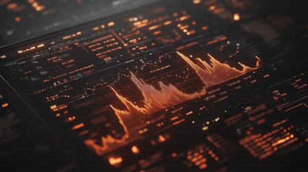 A detailed financial chart with upward-trending lines on a digital screen, surrounded by glowing data points and analytics in a professional setting.の素材