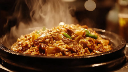 A close-up of fried rice sizzling in a hot pan, with glistening grains and colorful vegetables, emphasizing the freshness and flavor of the dish.の素材