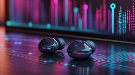 A close-up of wireless earbuds resting on a sleek surface, with sound waves and connectivity symbols in the background, evoking a sense of modern technology.の素材