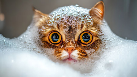 A dramatic close-up of a cats face covered in bubbles during bath time, with wide eyes and a curious expression, highlighting its playful personality.の素材