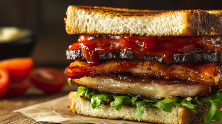 A close-up of a pork belly sandwich, highlighting layers of crispy pork, fresh vegetables, and sauce, with a rustic background enhancing its appeal.の素材