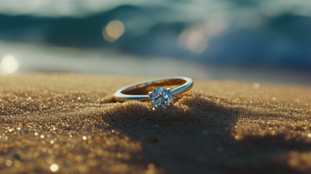A creative shot of a diamond ring half-buried in sand on a beach, with gentle waves in the background, symbolizing love and the journey of life.の素材