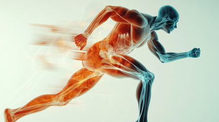 A dynamic shot of a person in motion, such as running or stretching, with an overlay of anatomical lines and labels highlighting muscle groups and joints.の素材