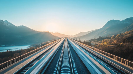 A shot of the high-speed train's tracks stretching into the distance, framed by scenic mountains and clear skies, symbolizing modern travel.の素材