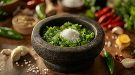 A mortar and pestle filled with fresh green chilies, garlic, and salt, ready to be pounded into a spicy paste, with various condiments in the background.の素材