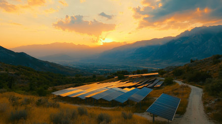 An image of solar panels set against a backdrop of mountains, capturing the beauty of renewable energy in remote locations and the potential for off-grid solutions.の素材