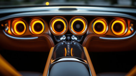 A stylish car interior featuring illuminated speaker grills, with ambient LED lighting and a sleek dashboard, creating a high-tech and luxurious atmosphere.の素材