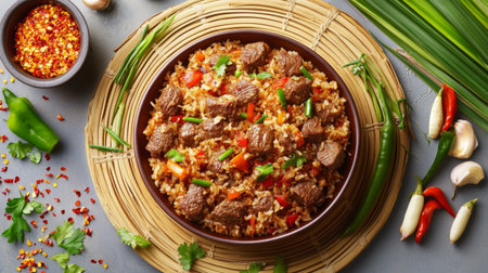 A colorful presentation of beef rice on a bamboo mat, surrounded by chili flakes and herbs, emphasizing the traditional elements of this popular dish.の素材