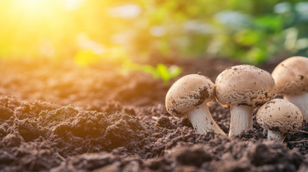 A close-up of mushrooms growing in a farm setting, with a focus on the rich soil and healthy mycelium, showcasing the cultivation process of these nutritious fungi.の素材
