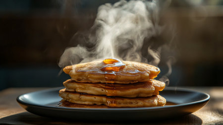A close-up of golden-brown fried pancakes stacked high on a plate, with steam rising and a drizzle of syrup, evoking a cozy breakfast atmosphere.の素材