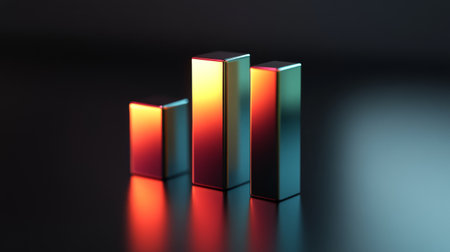 A close-up of a D bar chart showing business growth and financial trends, with a dark gradient background and reflective surfaces for a sleek look.の素材