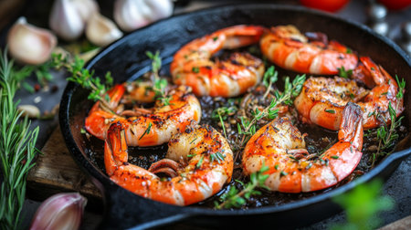 A captivating image of grilled shrimp sizzling in a cast-iron skillet, with fresh garlic and herbs, creating an enticing and aromatic culinary experience.の素材