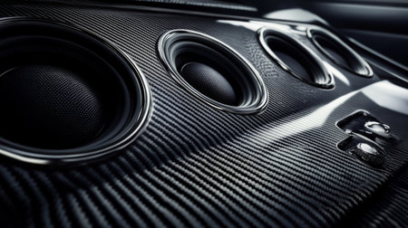 A close-up of a high-performance car audio speaker system embedded in the dashboard, surrounded by textured carbon fiber and chrome accents.の素材