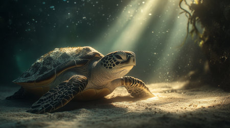 A close-up of a sea turtle resting on a sandy ocean floor, with sunlight filtering through the water, illuminating its textured shell and serene expression.の素材