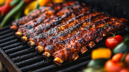 A close-up of perfectly charred pork ribs with a smoky glaze, resting on a grill, surrounded by colorful vegetables, capturing the essence of outdoor cooking.の素材