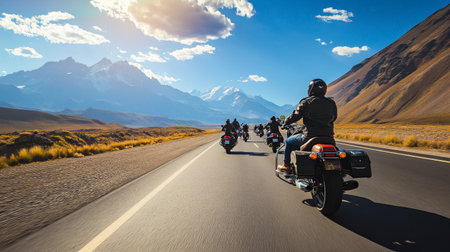 A group of motorcyclists riding in formation on an open highway, with mountains and a bright blue sky stretching ahead.の素材