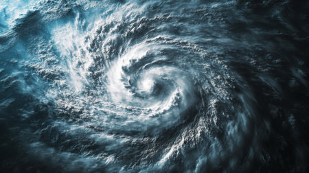 A close-up of swirling winds and storm clouds as a cyclone intensifies near the shore.の素材