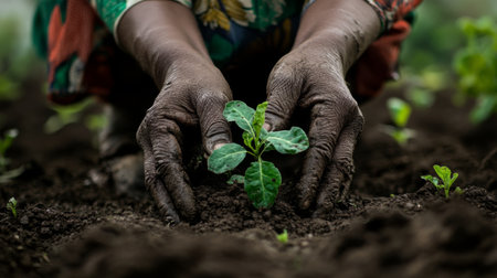 A farmers hands gently planting a seedling in a field, symbolizing growth and sustainability.の素材