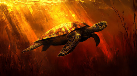 A striking image of a sea turtle diving deep into the ocean, with rays of sunlight breaking through the water surface, creating a mesmerizing underwater scene.の素材