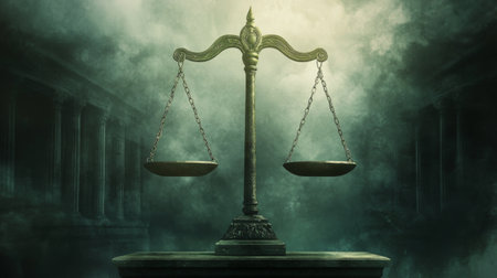A balanced scale of justice standing tall against a dramatic courthouse backdrop.の素材