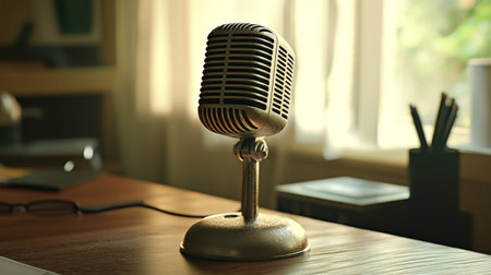 A vintage-style microphone on a wooden desk, with soft sunlight streaming through a window in the background, creating a warm, nostalgic feel.の素材