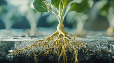 A close-up of roots developing beneath a tiny sprout in transparent soil, symbolizing strong foundations.の素材