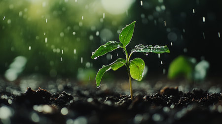 A close-up of raindrops falling onto a fresh green seedling, highlighting the beauty of nature.の素材